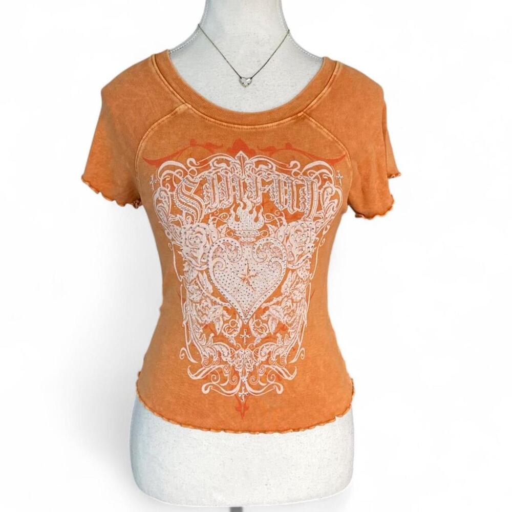 Affliction Sinful Y2K Mcbling Orange white graphic tee white graphic size small